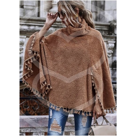camel tassel  sherpa turtleneck poncho coat jacet - Picture 4 of 4